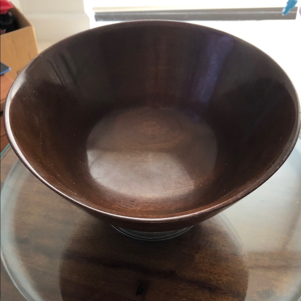 Mahogany Salad Bowl With Serving Spoon & Fork. All Accented With Sterling Silver